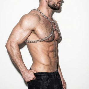 Silver chain shoulder harness men, left side view, O-ring body jewelry, lightweight aluminum, pride festival wear