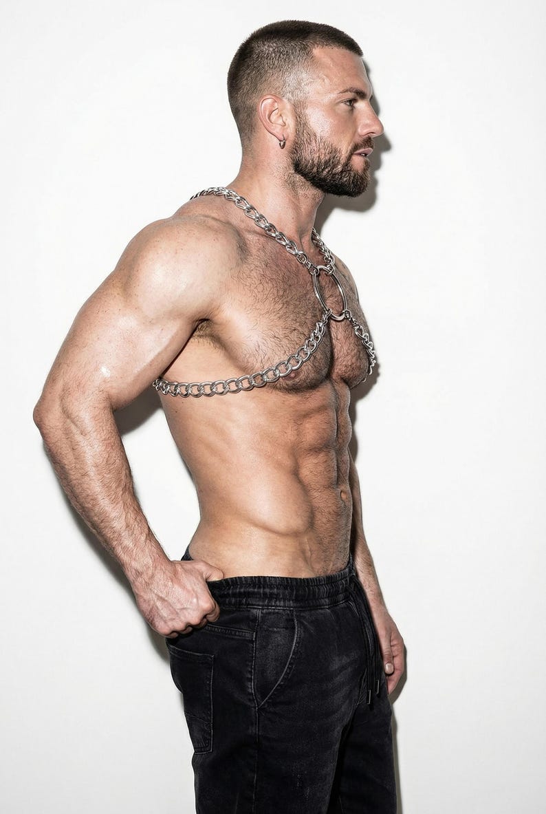 Silver chain shoulder harness men, left side view, O-ring body jewelry, lightweight aluminum, pride festival wear