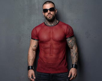 Red See-Through Mesh T-Shirt – Sheer Club & Festival Top – Athletic Fit