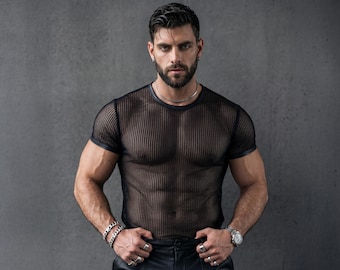 Camiseta negra de malla transparente para hombre – Top transparente para club y festival – Corte deportivo