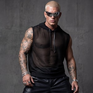Black Hooded Sheer Mesh Tank Top for Men