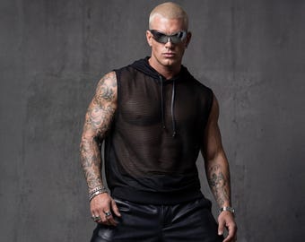 Camiseta sin mangas de malla transparente con capucha negra - Estilo urbano ninja para hombre - Atuendo para festivales rave