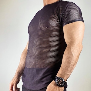 Men’s Black Mesh T-Shirt – Sheer See-Through Clubwear, Festival Outfit, Queer Fashion, Sexy Rave Top, Transparent Streetwear