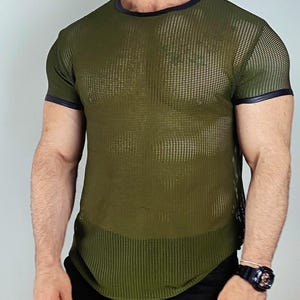 Men’s Green Mesh T-Shirt – See Through Clubwear Top with Faux Leather Trim | Festival, Rave, Beach, Techno Outfit