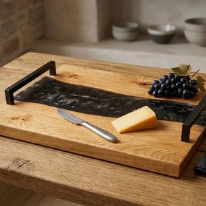 Oak serving board with black and silver epoxy resin – tray with handles, handmade, unique decorative piece, charcuterie board, wood