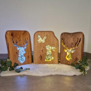 May include: Three wooden wall decorations featuring cutouts of a deer, a rabbit, and a butterfly. Each cutout is illuminated with warm white fairy lights.