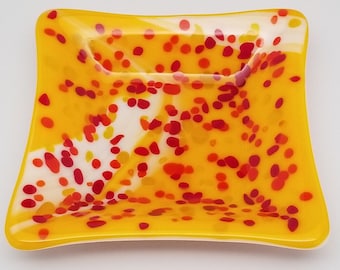Fused Glass Dish, Square, Yellow/White Swirls, Warm Colored Frit