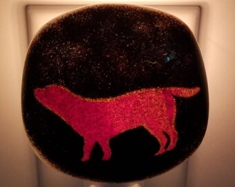 Night Light, Fused Glass, Labrador, Red Cut Glass and Multicolored Frit Painting, Manual or Automatic Option