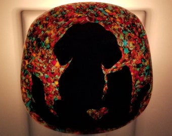Night Light, Fused Glass, Dog & Cat, Blue Aventurine Cut Glass and Multicolored Frit Painting, Manual or Automatic Option