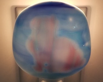 Night Light, Fused Glass, Cat Sitting, Pink/Blue Cascadia Cut Glass with Blue Wispy Background, Manual or Automatic Option