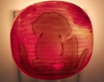 Night Light, Fused Glass, Dog & Cat, Grape Cut Glass and Red, Orange and Yellow Enamel Painting, Manual or Automatic Option