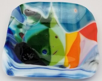 Sale (4.00 off - small surface cracks) Fused Glass Dish, Square, Snack Dish, Candle Holder, Change Holder, Candy Dish, Dip Dish
