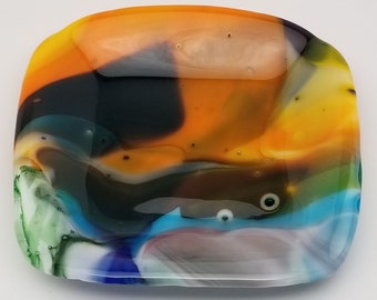Sale (4.00 off - small surface cracks) Fused Glass Dish, Square, Snack Dish, Candle Holder, Change Holder, Candy Dish, Dip Dish