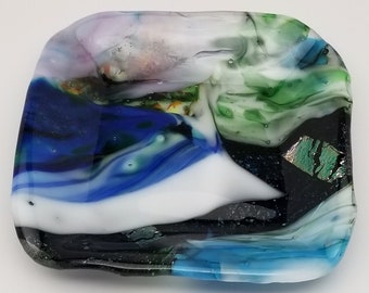Sale (4.00 off - small surface cracks) Fused Glass Dish, Square, Snack Dish, Candle Holder, Change Holder, Candy Dish, Dip Dish
