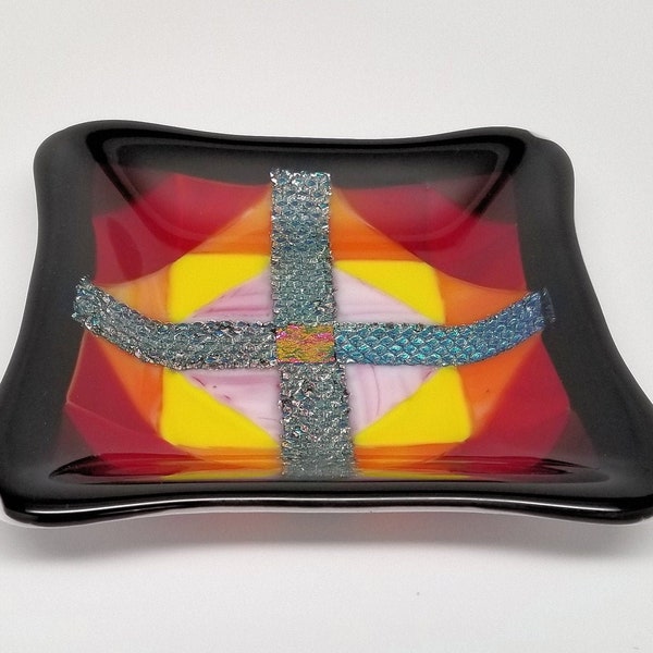 Fused Glass Dish, Square, Snack Dish, Candle Holder, Change Holder, Candy Dish, Dip Dish, Dichroic Accent, Textured Mosaic