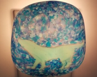 Night Light, Fused Glass, Labrador, Teal Cut Glass and Light and Dark Blue Frit Painting, Manual or Automatic Option