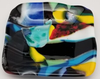 Fused Glass Dish, Square, Snack Dish, Candle Holder, Change Holder, Candy Dish, Dip Dish, Multicolored