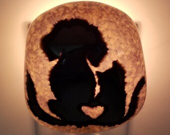 Night Light, Fused Glass, Dog & Cat, Gold Iridized Cut Glass and Grape and Bronze Frit Painting, Manual or Automatic Option