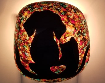 Night Light, Fused Glass, Dog & Cat, Black Cut Glass and Multicolored Frit Painting, Manual or Automatic Option