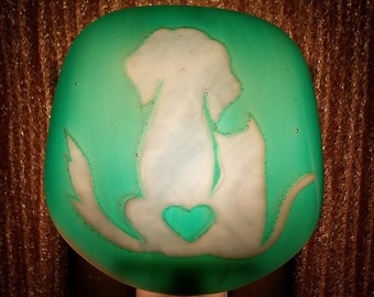 Night Light, Fused Glass, Blue Cascadia Dog/Cat, Wispy Teal Background and Heart, Manual or Automatic Option