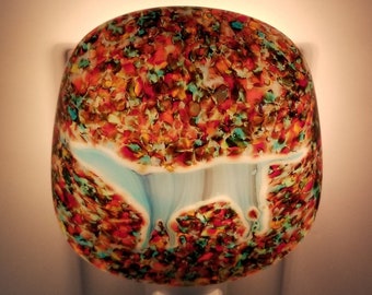 Night Light, Fused Glass, Labrador, Blackberry Cream Cut Glass and Multicolored Frit Painting, Manual or Automatic Option