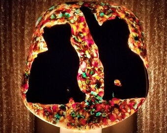 Night Light, Fused Glass, 2 Cats Playing, Black Cut Glass and Multicolored Frit Painting Background, Manual or Automatic Option