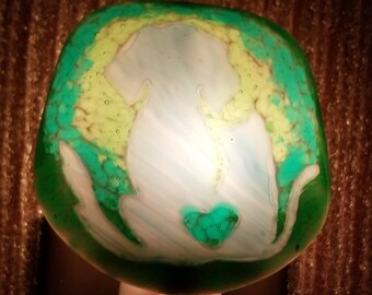Night Light, Fused Glass, Blue Wispy Dog/Cat/Heart with Various Greens Frit Painting Background, Manual or Automatic Option