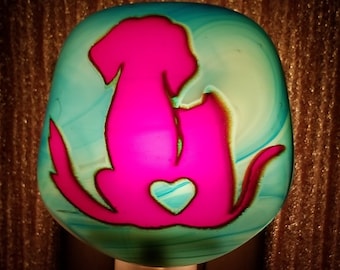 Night Light, Fused Glass, Red Wispy Dog/Cat/Heart on a Blue/Green Fuser's Reserve Background, Manual or Automatic Option