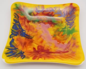 Fused Glass Dish, Square, Yellow with Multicolored Abstract Enamel Painting