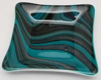 Fused Glass Dish, Square, Gray/Teal Swirls, Fusers Reserve