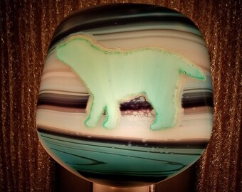 Night Light, Fused Glass, Teal Labrador, Blackberry Cream Background, Manual or Automatic Option