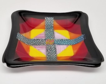 Plato de vidrio fundido, cuadrado, plato de refrigerio, portavelas, portacambios, plato de caramelo, plato de salsa, acento dicroico, mosaico texturizado