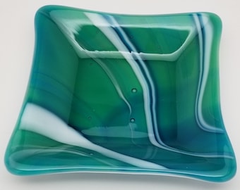 Fused Glass Dish, Square, Peacock Green/Mint/White Swirls, Fusers Reserve