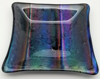 Fused Glass Dish, Square, Multicolored Patterned Dichroic