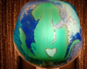 Night Light, Fused Glass, Teal Dog/Cat with Various Blues Frit Painting Background, Manual or Automatic Option