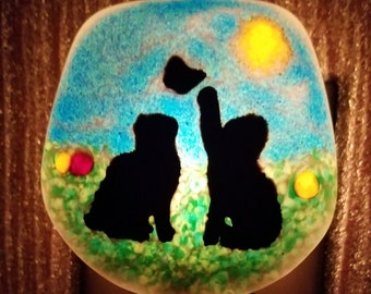 Night Light, Fused Glass, 2 Black Cats Playing with a Butterfly, with a Frit Painting Background, Manual or Automatic Option