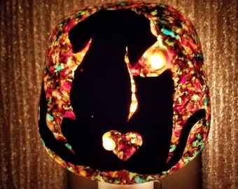Night Light, Fused Glass, Dog & Cat, Black Cut Glass and Multicolored Frit Painting, Manual or Automatic Option