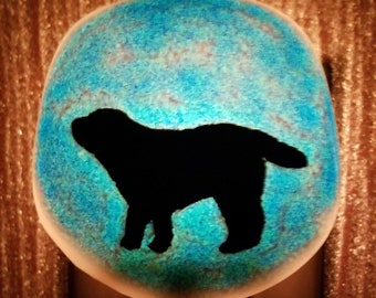Night Light, Fused Glass, Black Labrador with a Frit Painting of Blues Background, Manual or Automatic Option