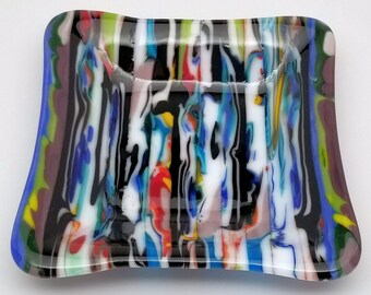 Fused Glass Dish, Square, Multicolored Strips
