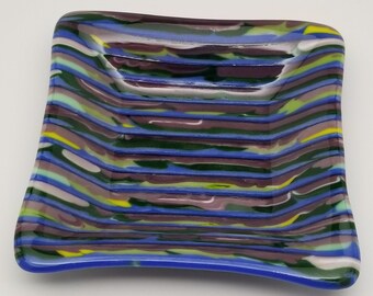 Fused Glass Dish, Square, Blue/Green/Purple Strips