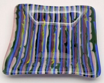Fused Glass Dish, Square, Blue/Green/Purple Strips