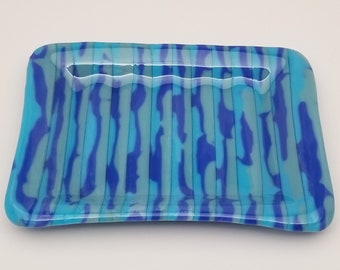 Soap Dish, Large, Fused Glass, Blue Strips
