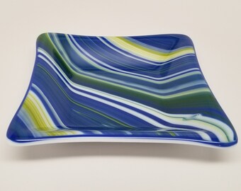 Plato de vidrio fundido, cuadrado, arte de ópalo azul/verde/amarillo