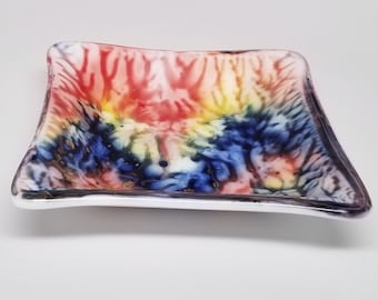 Fused Glass Dish, Square, Snack Dish, Candle Holder, Change Holder, Candy Dish, Dip Dish, Enamel Art, Colorful Trees #1