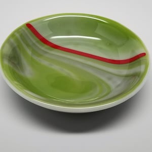 Fused Glass Bowl, Organic Edges, Green with Gray Streaks Fusers Reserve with Orange Accent