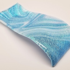 Fused Glass Spoon Holder, Organic Edges, Dichroic, Translucent, Blue Swirls