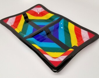 Plato de vidrio fundido, rectangular, 2 secciones, plato de refrigerio, plato para servir verduras, bordes orgánicos, mosaico multicolor de triángulos #1