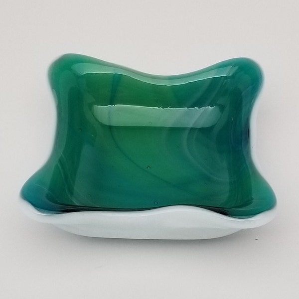 Fused Glass Dish, Square, Small, Deep, Ring Holder, Tea Bag Holder, Tealight Holder, Votive Holder, Pale Green/Aqua Blue
