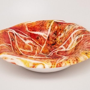 Fused Glass Bowl with Brim, Organic Edges, Red, Orange, Yellow and Black Frit Painting
