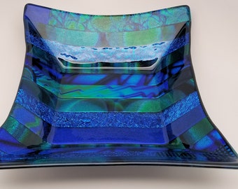 Fused Glass Rectangular Dish, Organic Edges, Blue-Toned Dichroic Stripes